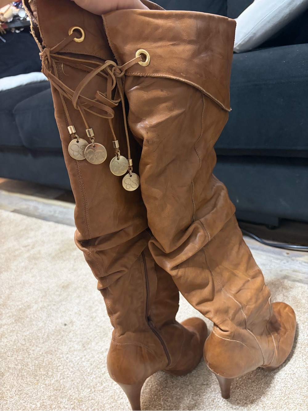 Women's Tall Slouch Leather Boots in Cognac